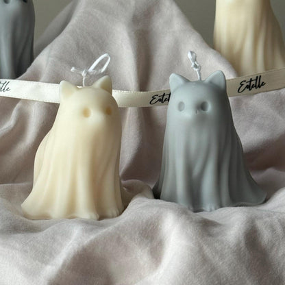 Duo de bougies sculptées Fantômes de chats et chiens d'Halloween : bougies en cire de soja coulées à la main