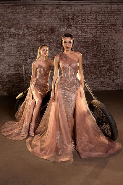 ONE SHOULDER GLITTER & TULLE GOWN
