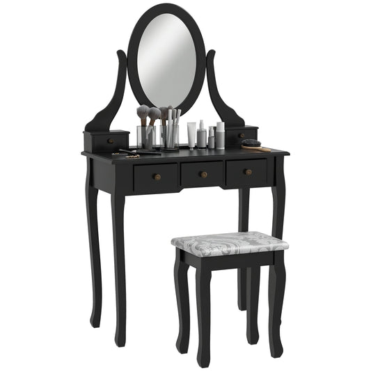 Coiffeuse Emma avec tabouret rembourré et miroir ovale rotatif à 360°-Noir