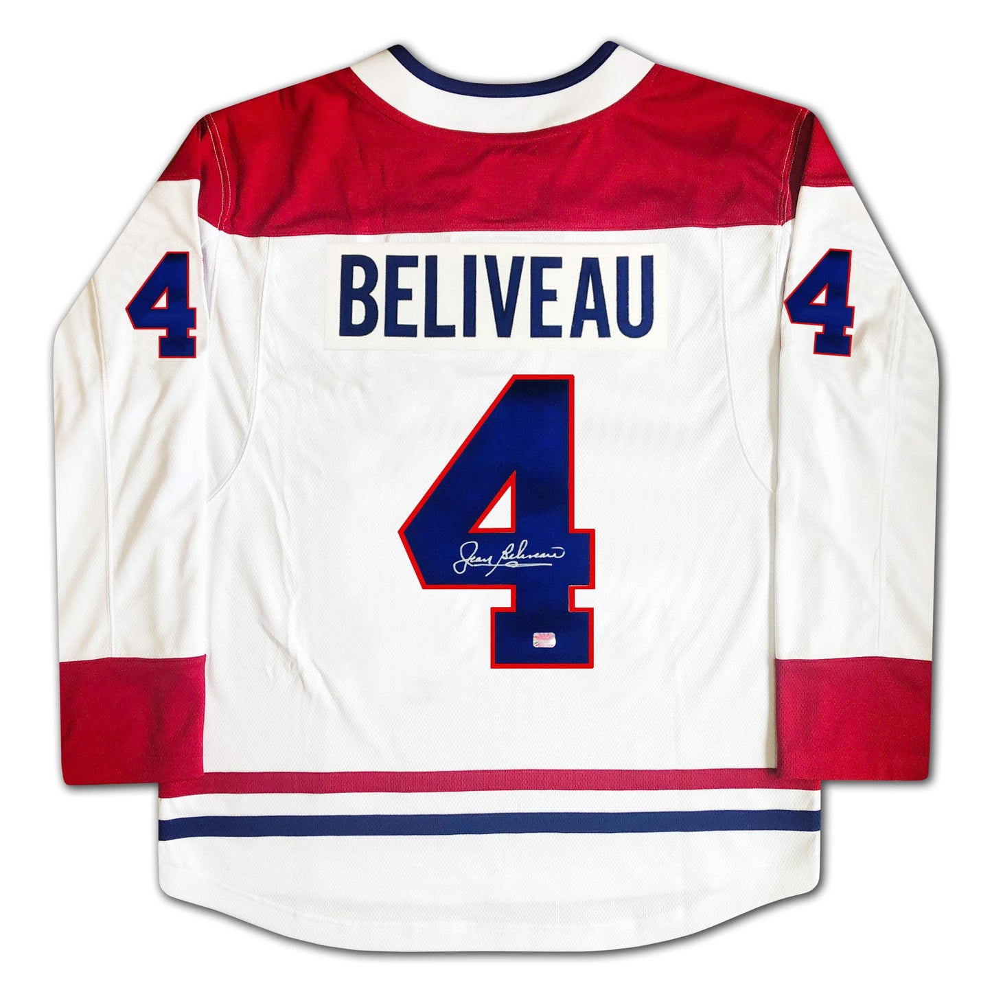 JEAN BELIVEAU AUTOGRAPHED WHITE MONTREAL CANADIENS JERSEY