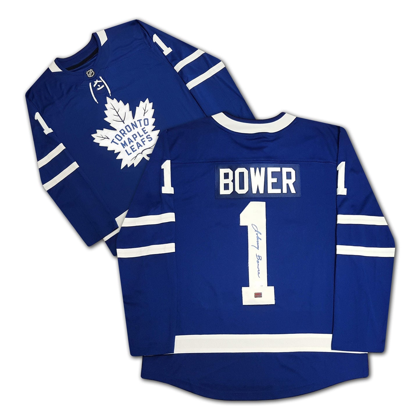 JOHNNY BOWER AUTOGRAPHED BLUE TORONTO MAPLE LEAFS JERSEY