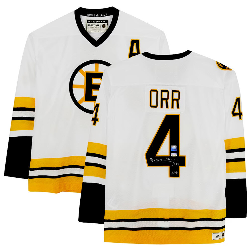 BOBBY ORR SIGNED HAND-NUMBER 1/4 BOSTON BRUINS WHITE JERSEY - ADIDAS - GNR COA