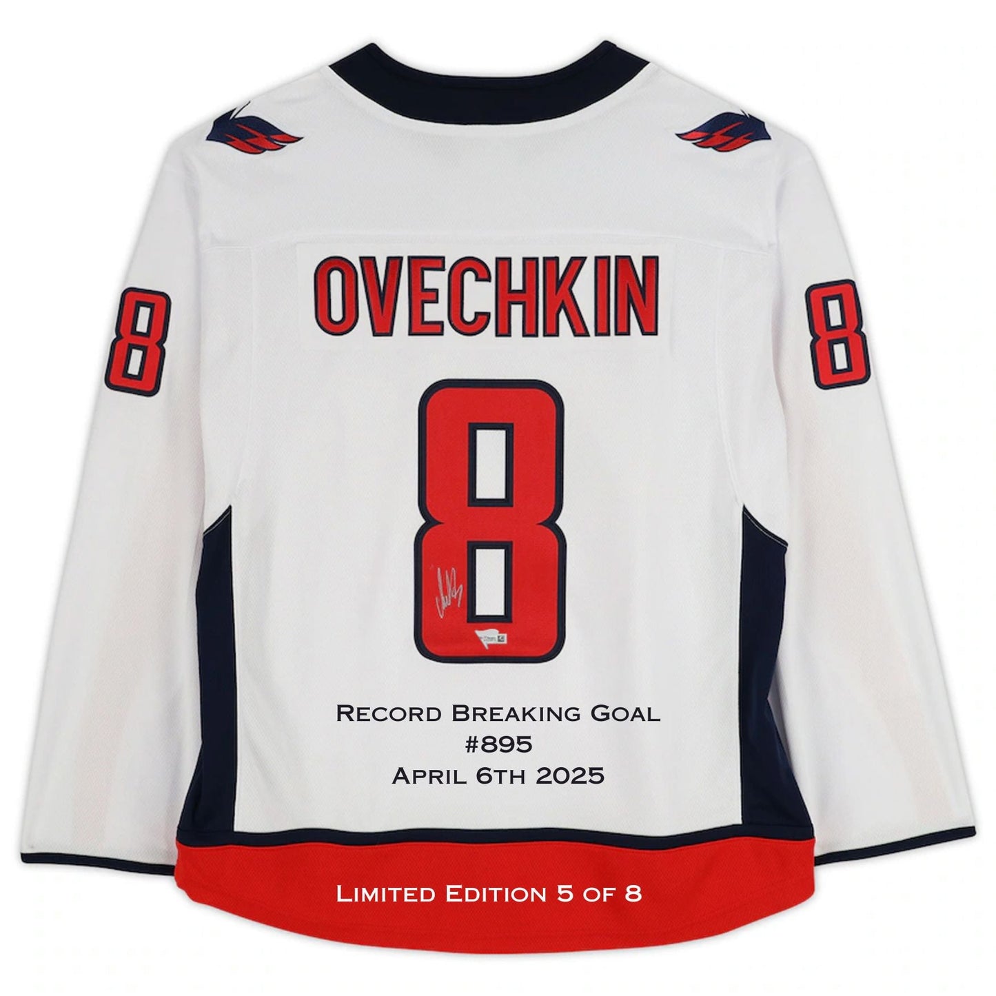 OVECHKIN SIGNED CAPITALS WHITE JERSEY GOAL RECORD LTD ED /8