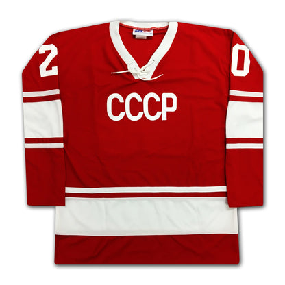 VLADISLAV TRETIAK RUSSIAN AUTOGRAPHED RED CCCP JERSEY