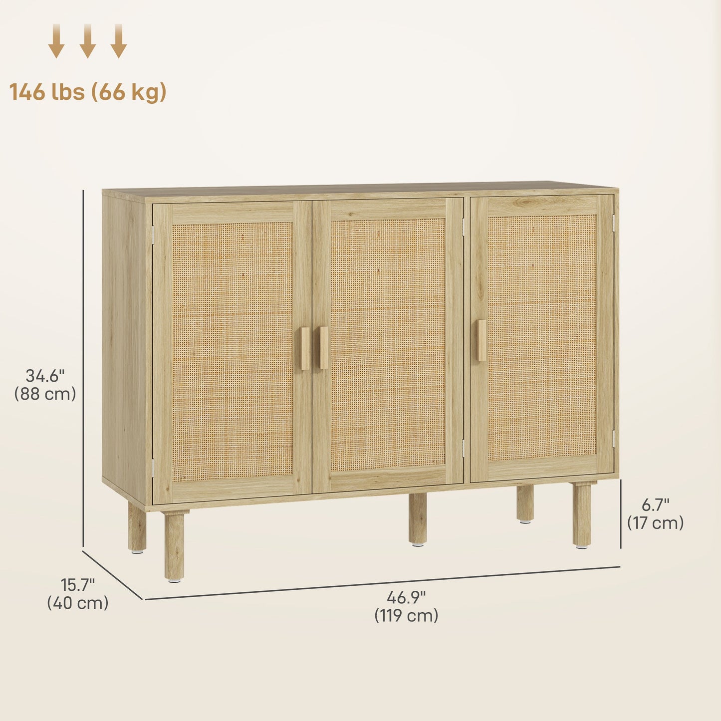 Quinn Bohemian 46.9" Hallway Cabinet/Sideboard with 3 Rattan Doors-Oak