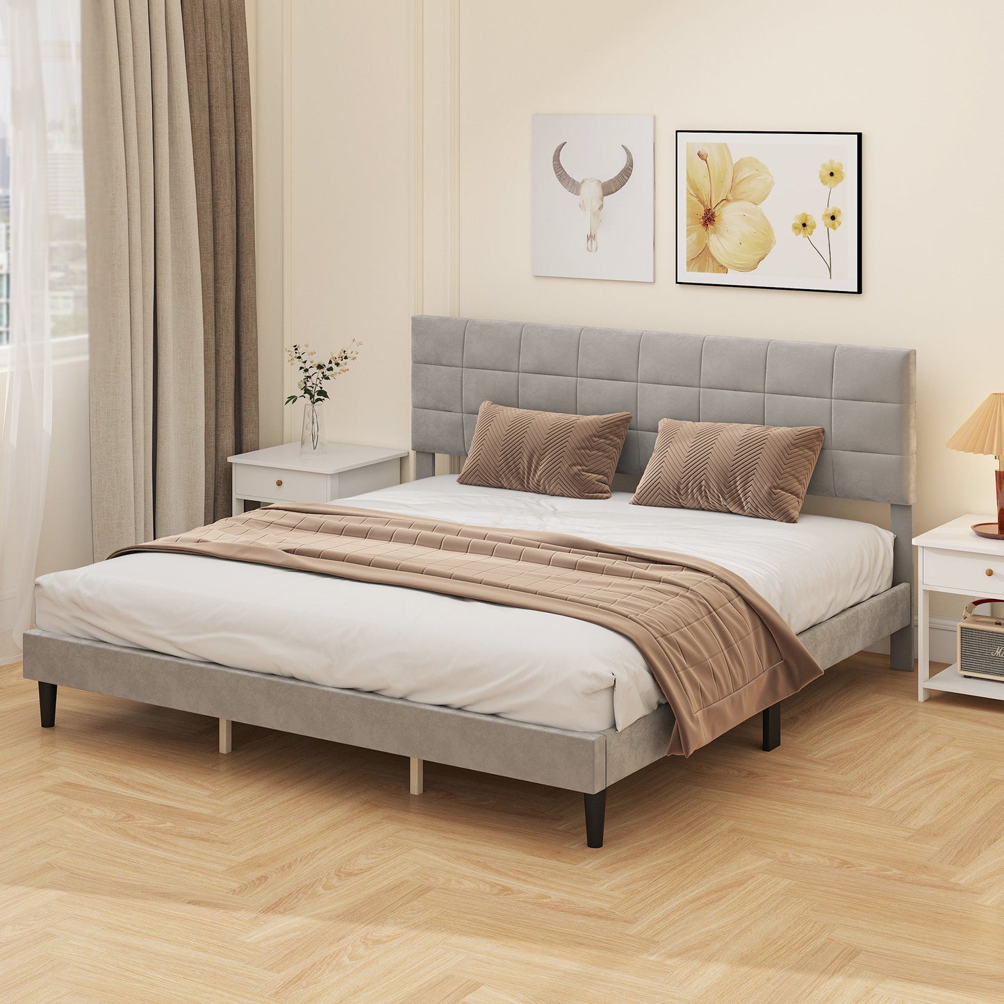 Harper King Size Platform Bed Frame with Upholstered Headboard-Grey