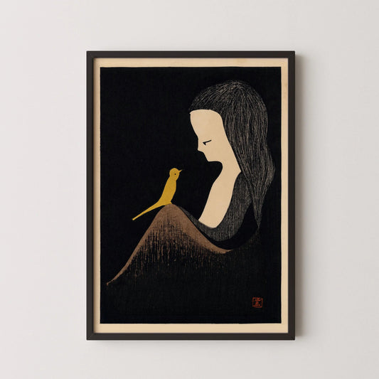 Estampe japonaise de Kaoru Kawano : Jeune fille à l'oiseau jaune, Art giclée