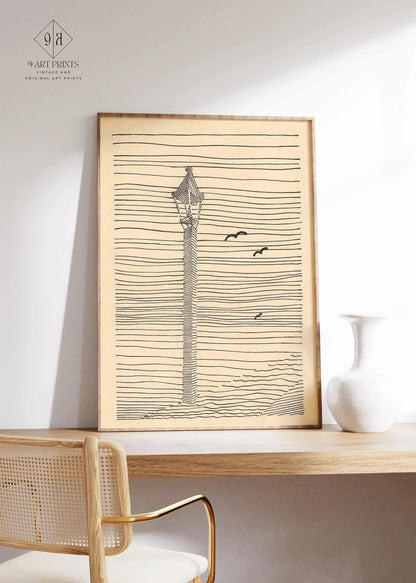 Karl Wiener - Lantern and Three Birds | Minimalist Beige Sketch Art (available handframed or unframed)