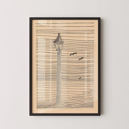 Karl Wiener - Lantern and Three Birds | Minimalist Beige Sketch Art (available handframed or unframed)