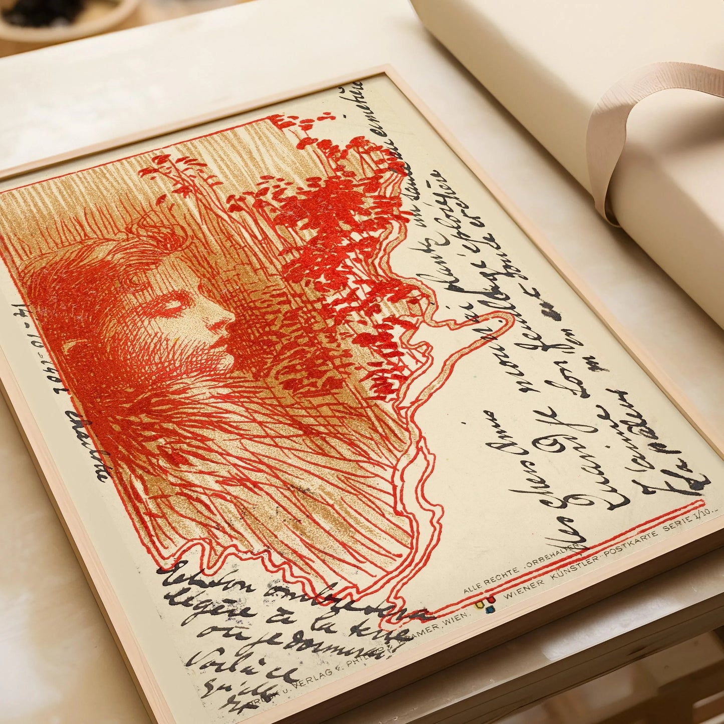 Koloman Moser - Croquis de carte postale | Célèbre affiche d'exposition vintage en rouge (disponible encadrée à la main ou sans cadre)