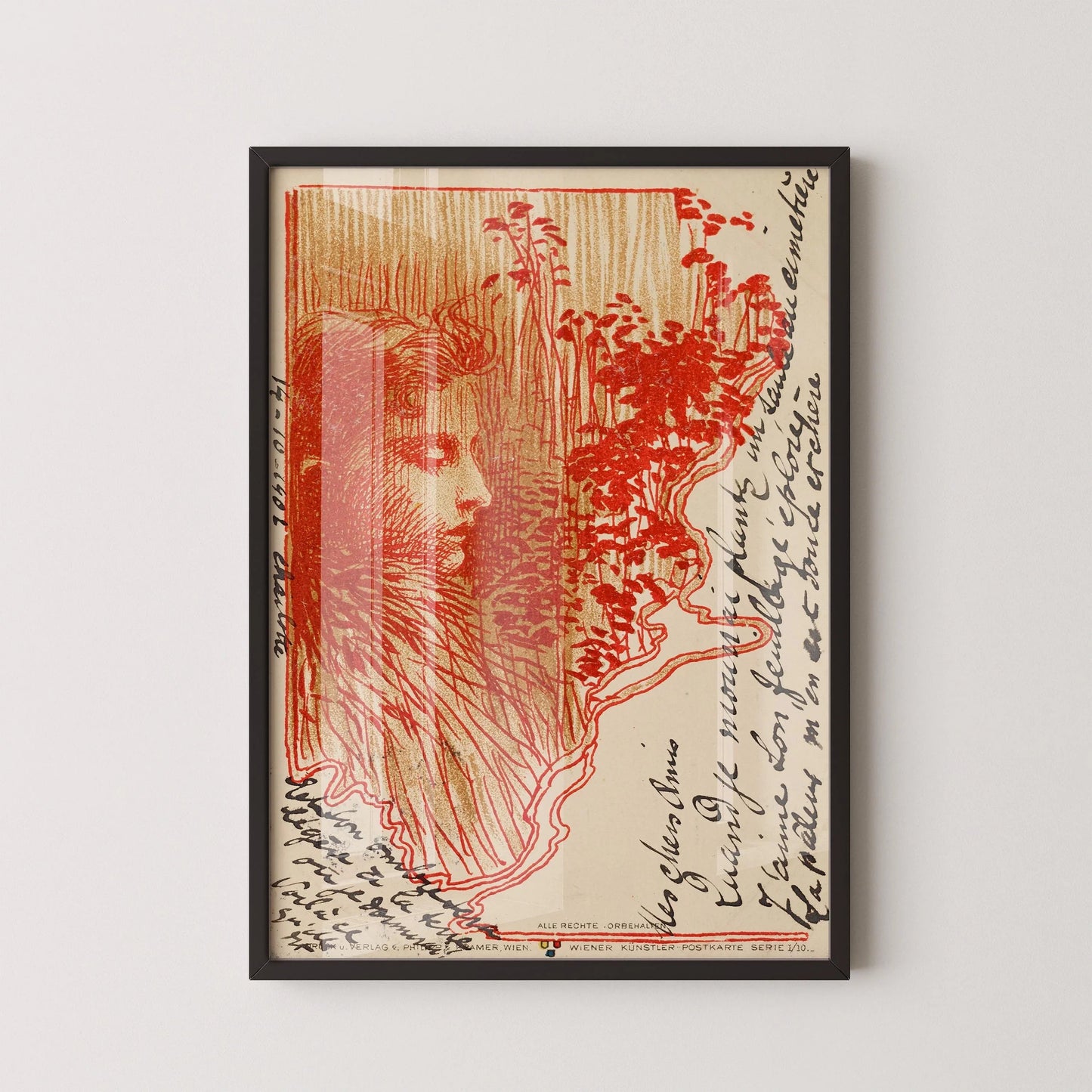 Koloman Moser - Croquis de carte postale | Célèbre affiche d'exposition vintage en rouge (disponible encadrée à la main ou sans cadre)