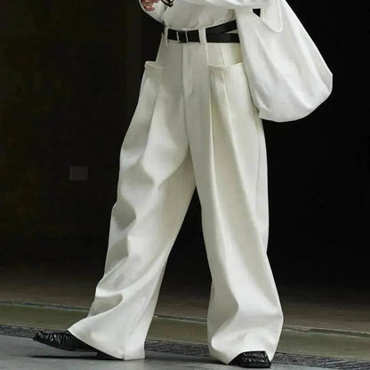 Korean Style Double Pleated Design Loose Casual Trousers Women
