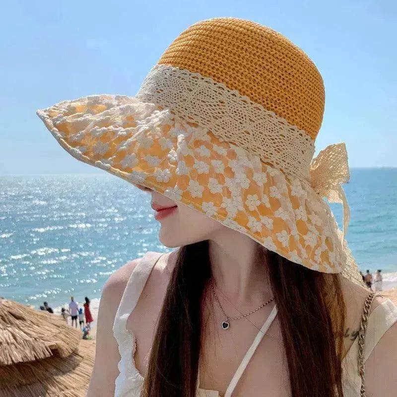 Chapeau de paille de pêcheur avec nœud en dentelle, large bord, anti-UV, pour l'extérieur, protection solaire et faciale