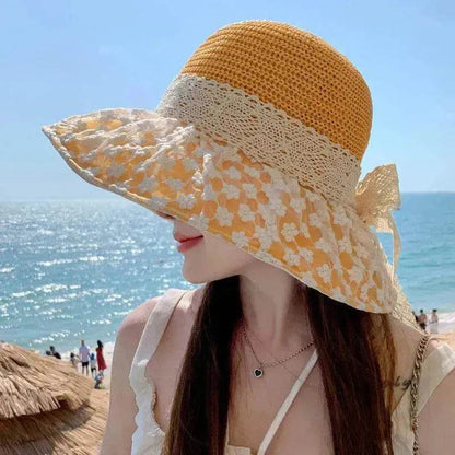 Chapeau de paille de pêcheur avec nœud en dentelle, large bord, anti-UV, pour l'extérieur, protection solaire et faciale
