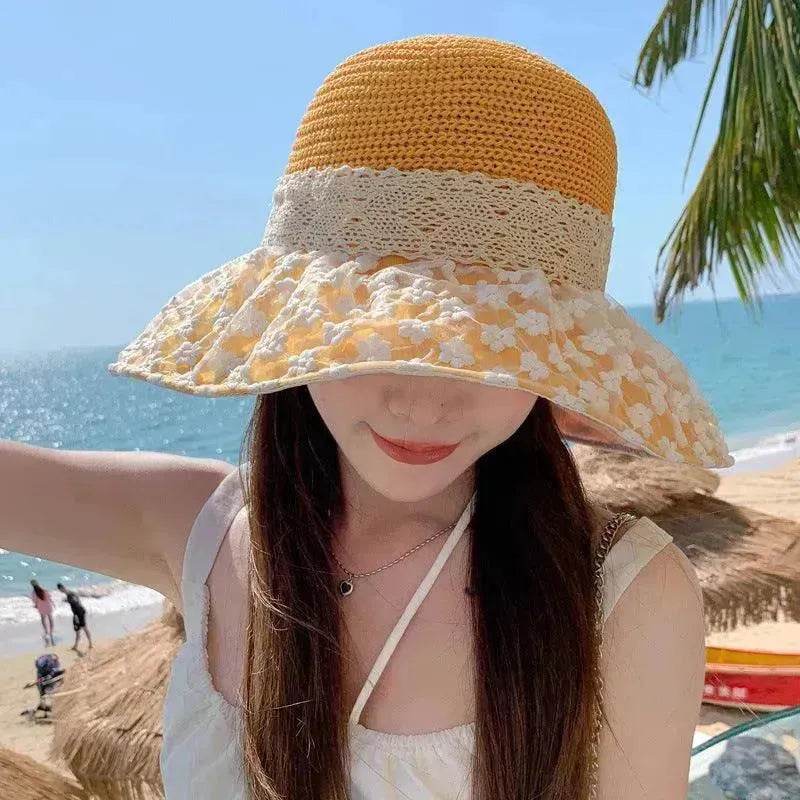Chapeau de paille de pêcheur avec nœud en dentelle, large bord, anti-UV, pour l'extérieur, protection solaire et faciale