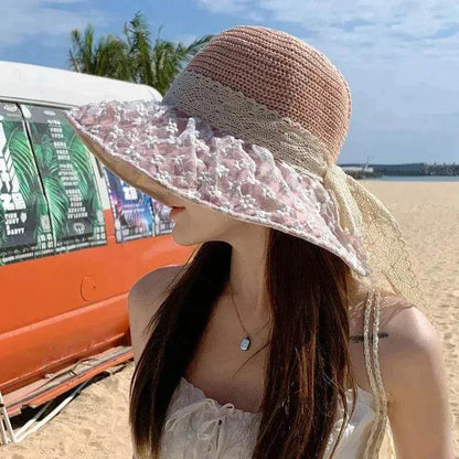Chapeau de paille de pêcheur avec nœud en dentelle, large bord, anti-UV, pour l'extérieur, protection solaire et faciale