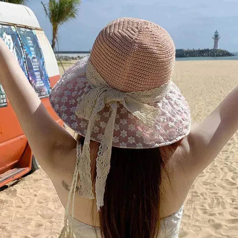 Chapeau de paille de pêcheur avec nœud en dentelle, large bord, anti-UV, pour l'extérieur, protection solaire et faciale