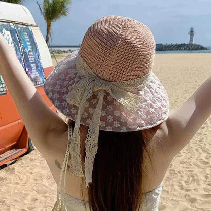 Chapeau de paille de pêcheur avec nœud en dentelle, large bord, anti-UV, pour l'extérieur, protection solaire et faciale