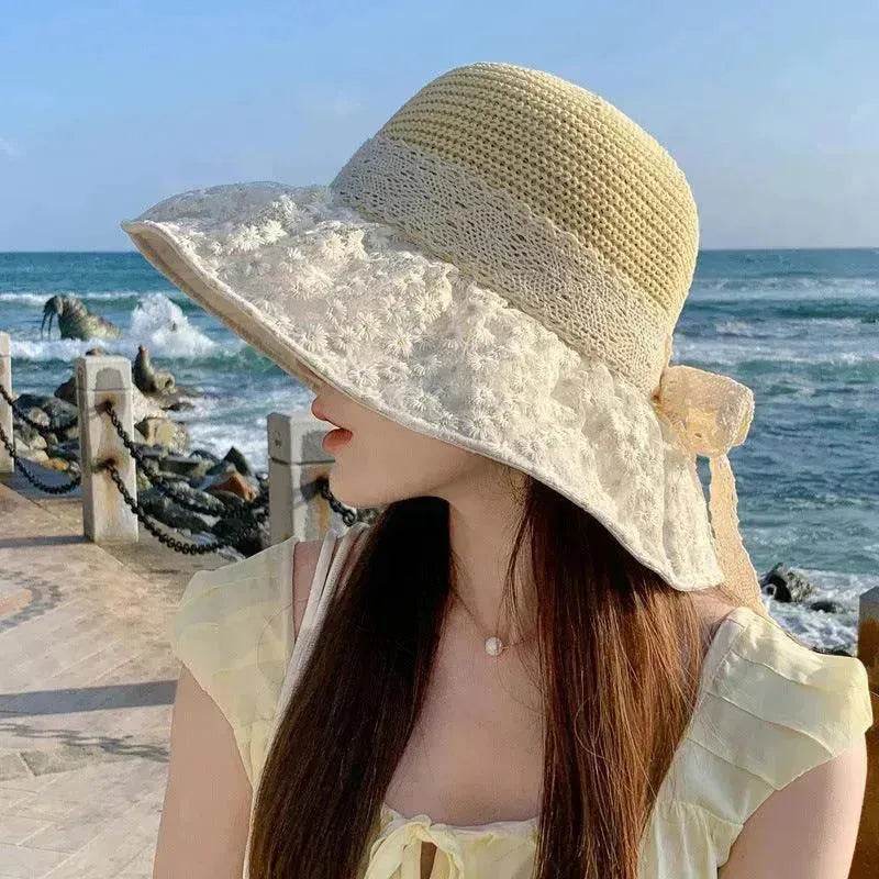 Chapeau de paille de pêcheur avec nœud en dentelle, large bord, anti-UV, pour l'extérieur, protection solaire et faciale