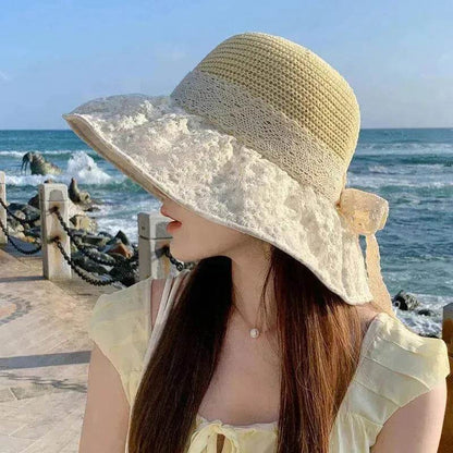 Chapeau de paille de pêcheur avec nœud en dentelle, large bord, anti-UV, pour l'extérieur, protection solaire et faciale
