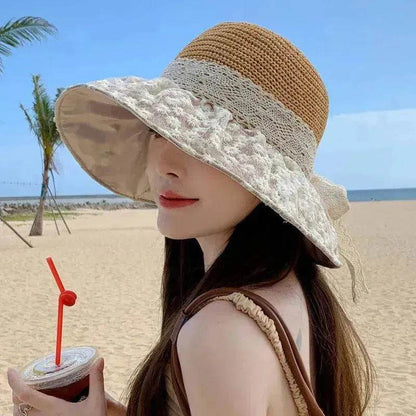 Chapeau de paille de pêcheur avec nœud en dentelle, large bord, anti-UV, pour l'extérieur, protection solaire et faciale