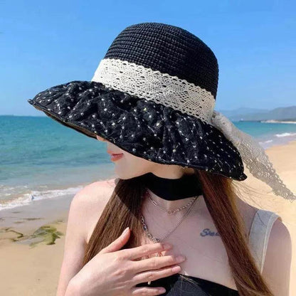 Chapeau de paille de pêcheur avec nœud en dentelle, large bord, anti-UV, pour l'extérieur, protection solaire et faciale