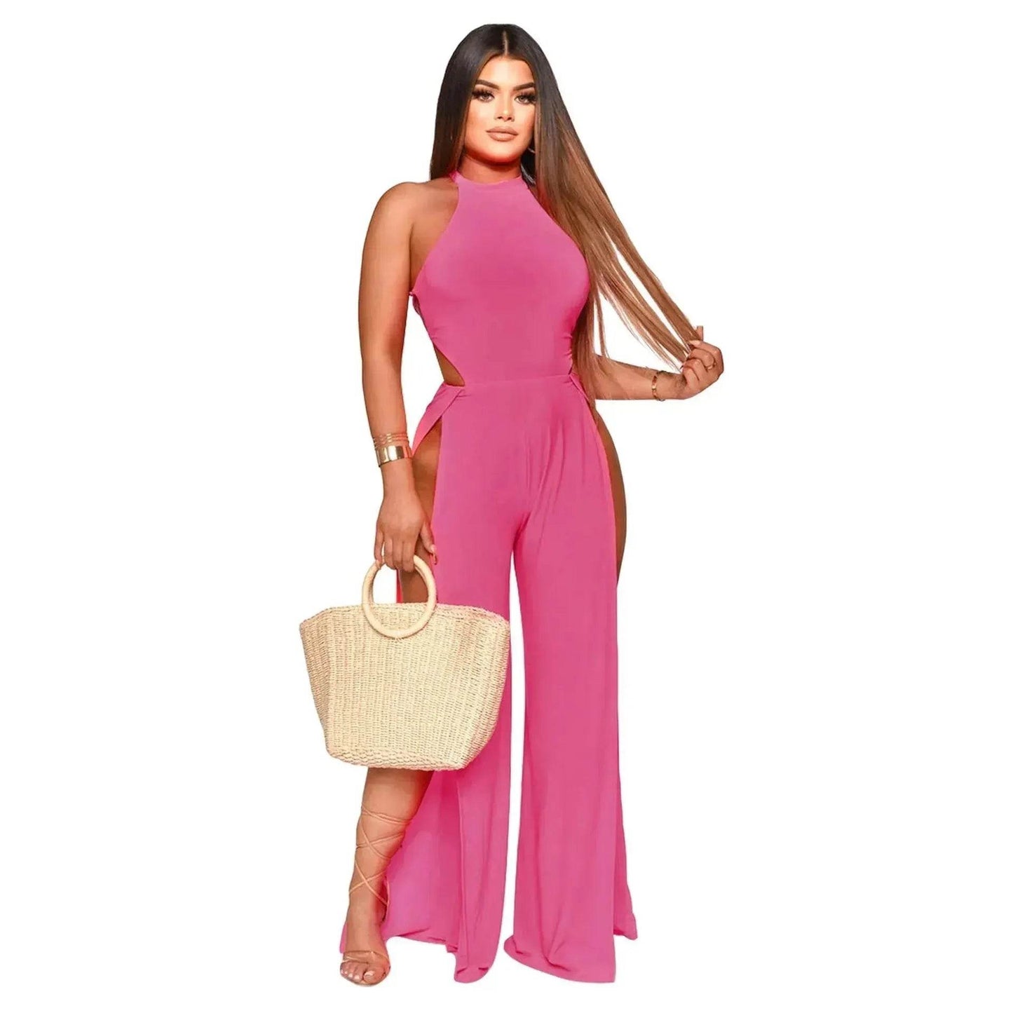 Lace-up Back Jumpsuit Split Leg Casual Trousers Women