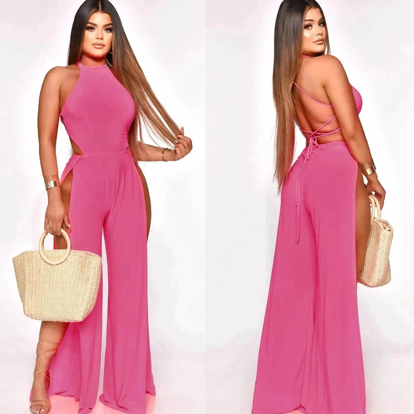 Lace-up Back Jumpsuit Split Leg Casual Trousers Women