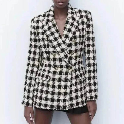 Lapel Long Sleeve Double Breasted Houndstooth Coat Top For Women