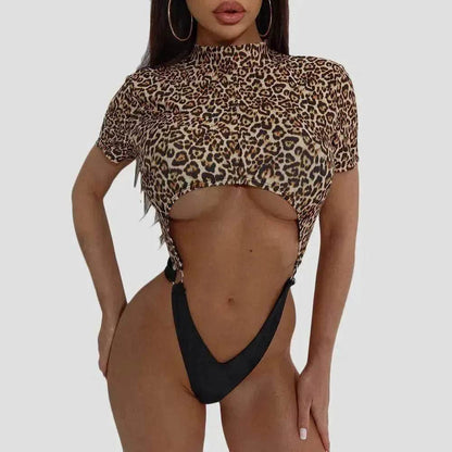 Leopard Print Color Matching Charming Backless Siamese Bikini