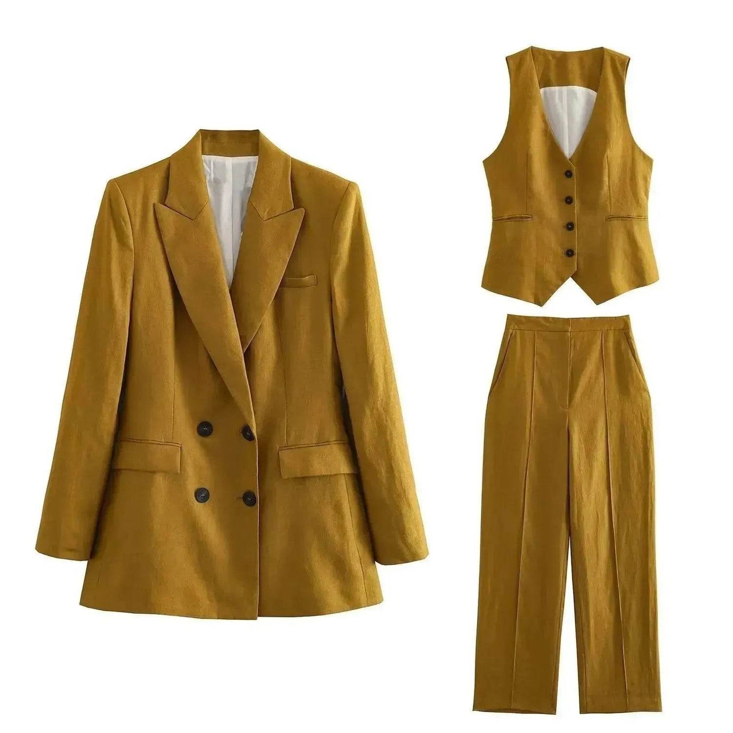 Ensemble 3 pièces de costume de bureau formel pour femmes : Blazer croisé en lin, gilet et pantalon droit