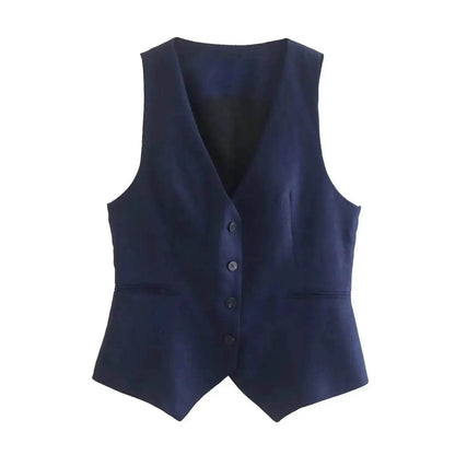 Ensemble 3 pièces de costume de bureau formel pour femmes : Blazer croisé en lin, gilet et pantalon droit