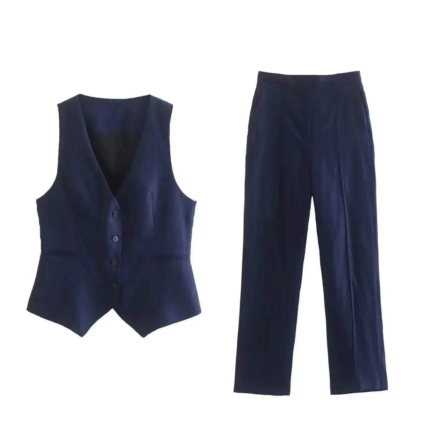 Ensemble 3 pièces de costume de bureau formel pour femmes : Blazer croisé en lin, gilet et pantalon droit