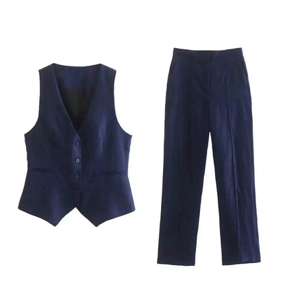 Ensemble 3 pièces de costume de bureau formel pour femmes : Blazer croisé en lin, gilet et pantalon droit
