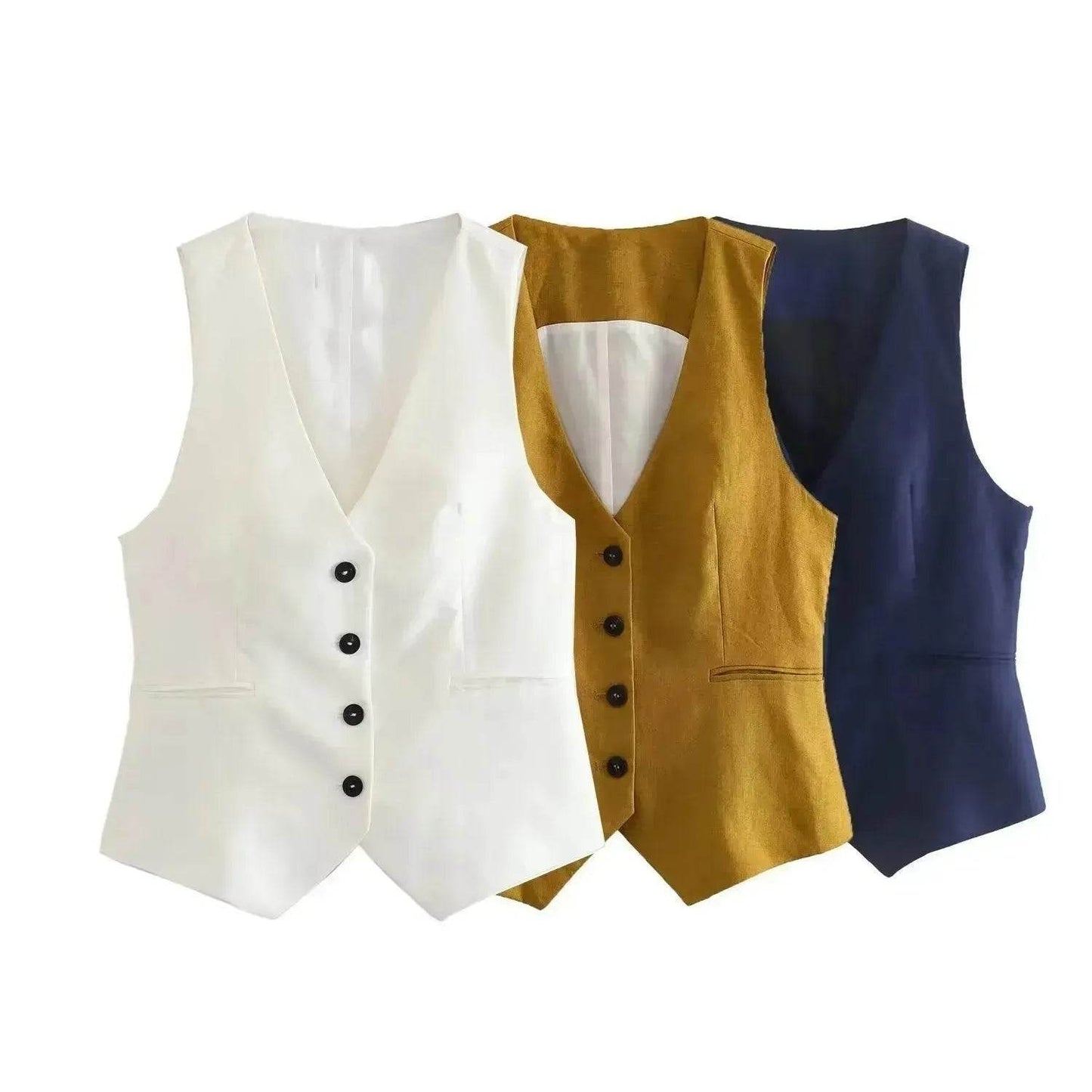 Ensemble 3 pièces de costume de bureau formel pour femmes : Blazer croisé en lin, gilet et pantalon droit