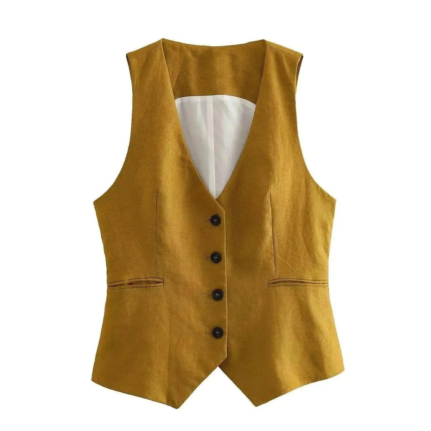Ensemble 3 pièces de costume de bureau formel pour femmes : Blazer croisé en lin, gilet et pantalon droit