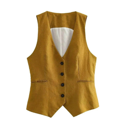 Ensemble 3 pièces de costume de bureau formel pour femmes : Blazer croisé en lin, gilet et pantalon droit
