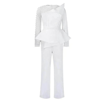 Long Sleeve Mesh Splicing Beads Banquet Plus Size Jumpsuit