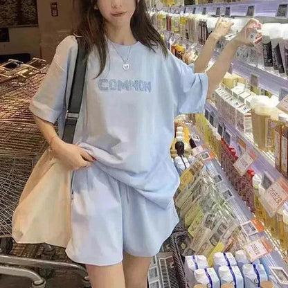 T-shirt ample amincissant à manches courtes Short taille haute à jambes larges