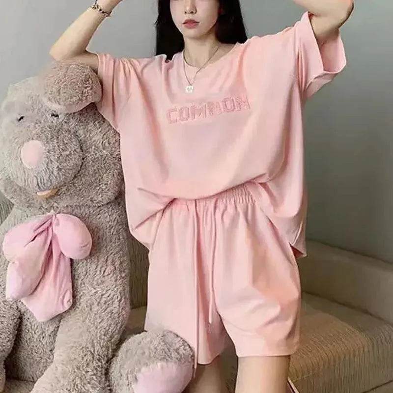 T-shirt ample amincissant à manches courtes Short taille haute à jambes larges