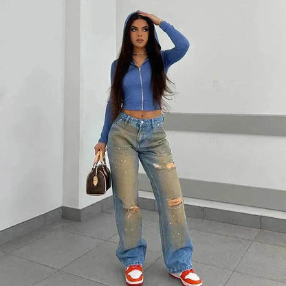 Pantalon en jean pour femme, coupe droite ample, style streetwear