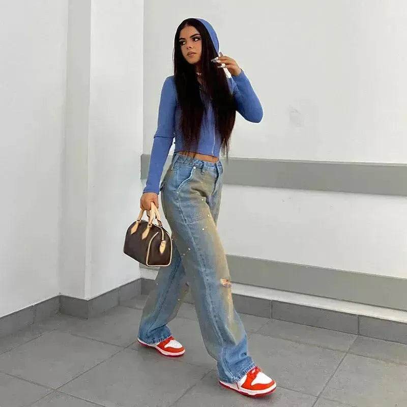 Pantalon en jean pour femme, coupe droite ample, style streetwear