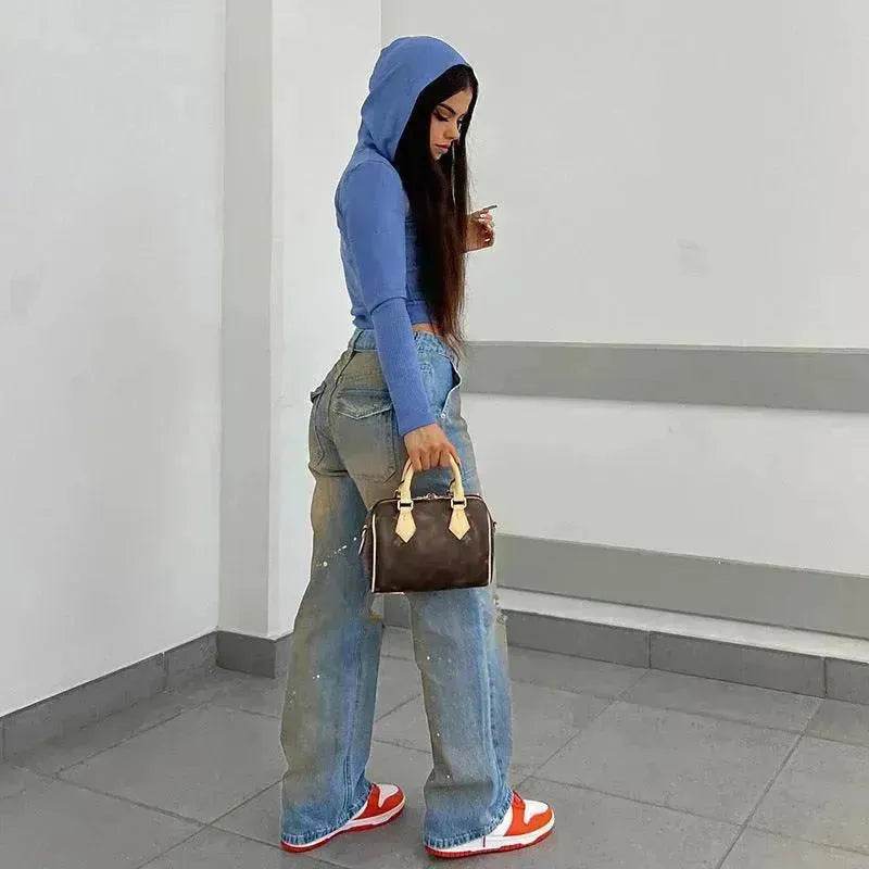 Pantalon en jean pour femme, coupe droite ample, style streetwear