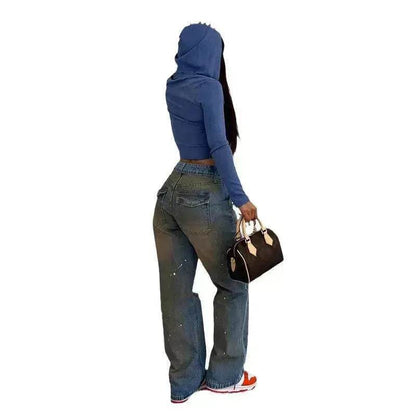 Pantalon en jean pour femme, coupe droite ample, style streetwear