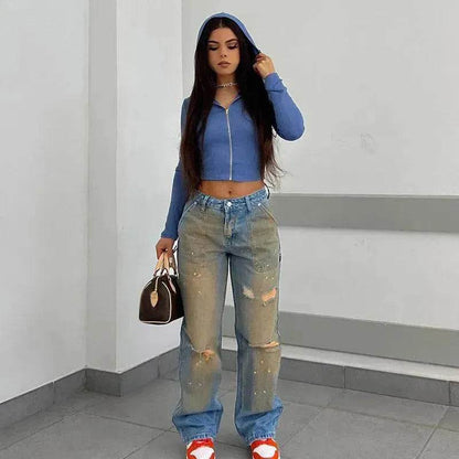 Pantalon en jean pour femme, coupe droite ample, style streetwear