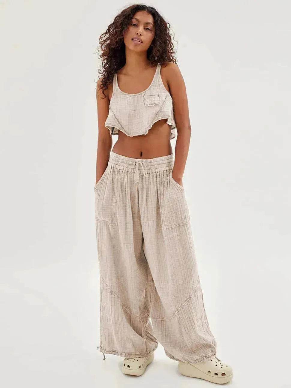 Loose Wide Leg Pants Women Drawstring Leggings Trousers