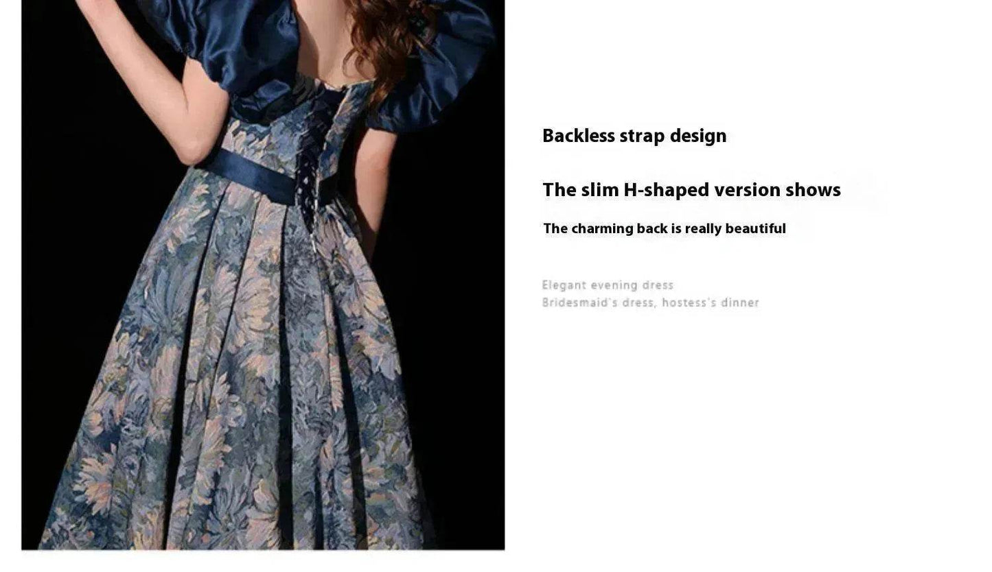 Robe de soirée bustier bleue style tableau princesse luxueuse avec jupe en forme de bol