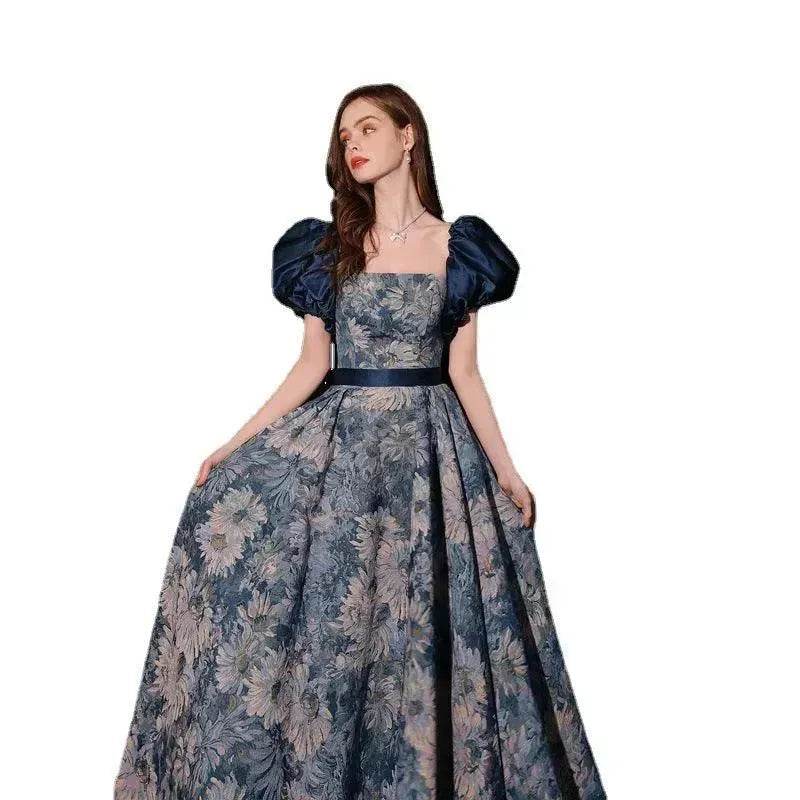 Robe de soirée bustier bleue style tableau princesse luxueuse avec jupe en forme de bol