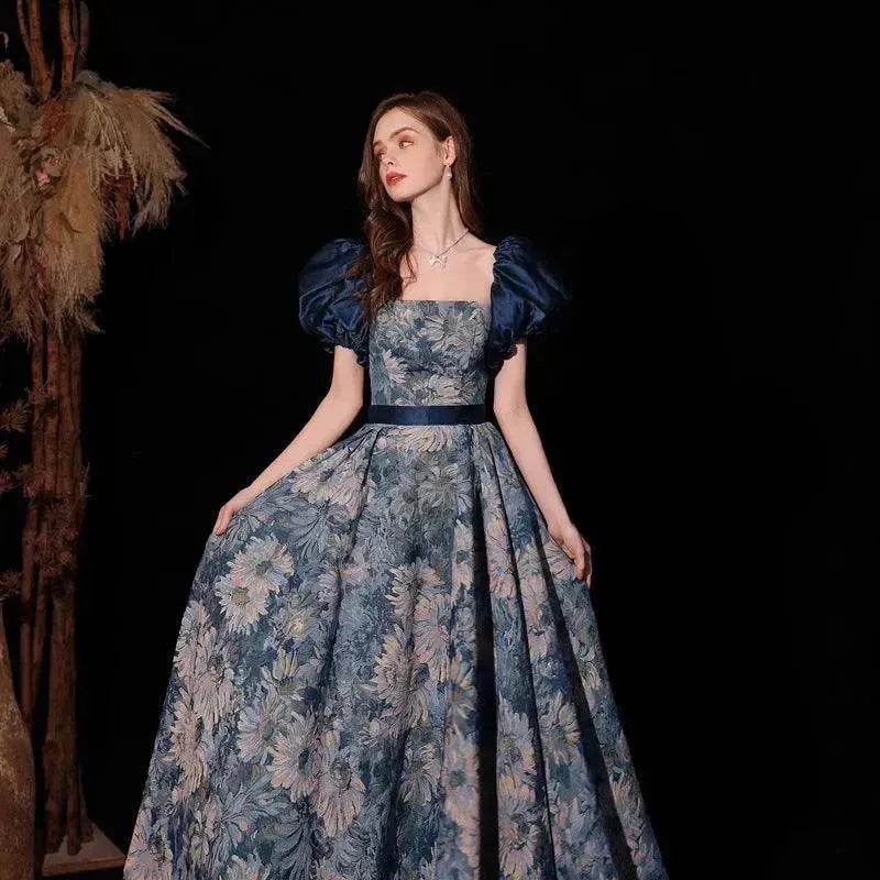 Robe de soirée bustier bleue style tableau princesse luxueuse avec jupe en forme de bol