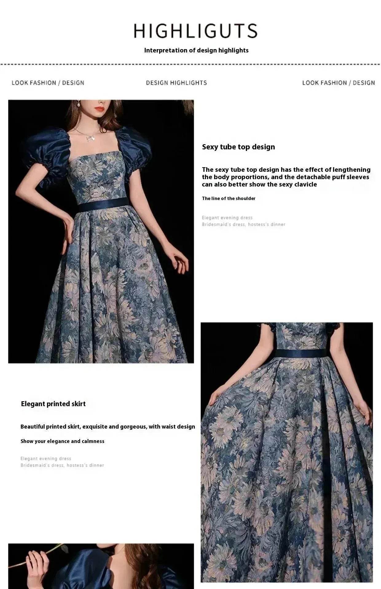 Robe de soirée bustier bleue style tableau princesse luxueuse avec jupe en forme de bol